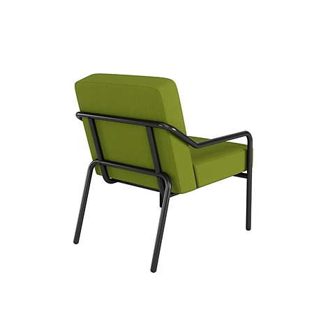 Groene fauteuil, achteraanzicht. Zwart metalen frame. Gestoffeerde zitting en rugleuning.