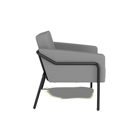 Grijze fauteuil met zwart stalen frame, zijaanzicht.