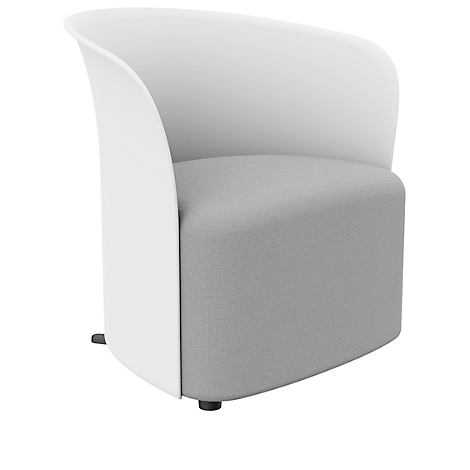 Moderne fauteuil met een wit frame en grijze zitting.