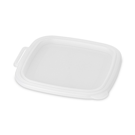 Couvercle blanc rectangulaire avec une poignée et une rainure périphérique. Sur fond blanc.