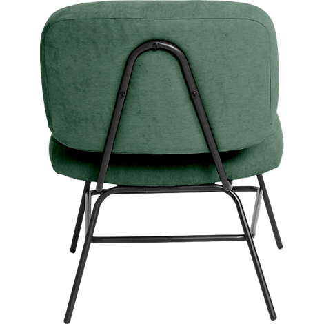 Achteraanzicht van een groene stoel met een zwart metalen frame.