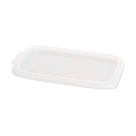 Rechthoekig wit deksel met afgeronde hoeken. Er zit een klein lipje aan één kant.