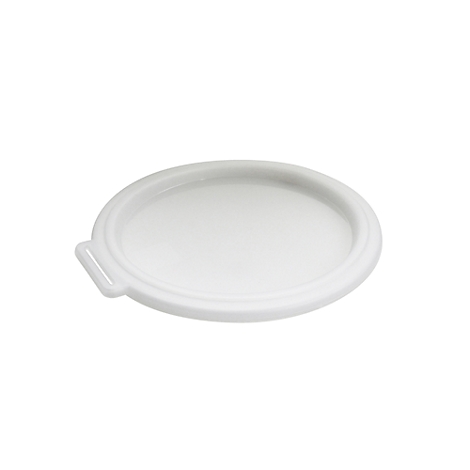 Witte deksel met handvat. Ronde vorm, omtrekrand.