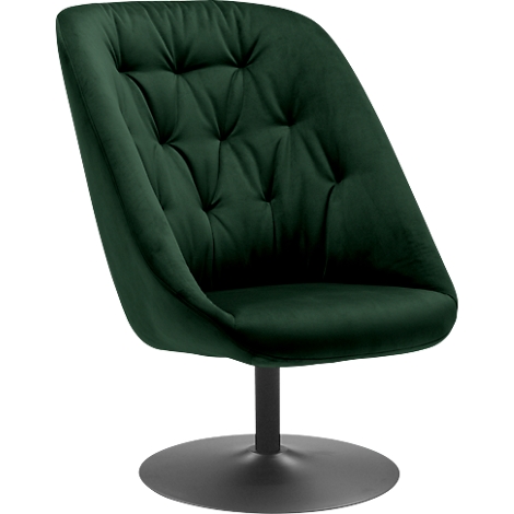 Donkergroene fluwelen fauteuil, rond, met quilting en draaivoet.