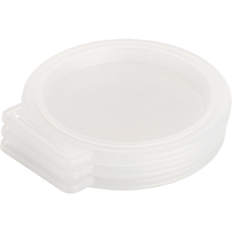 Verschillende witte, ronde plastic deksels liggen op elkaar. Er zit een klein handvat aan één kant.