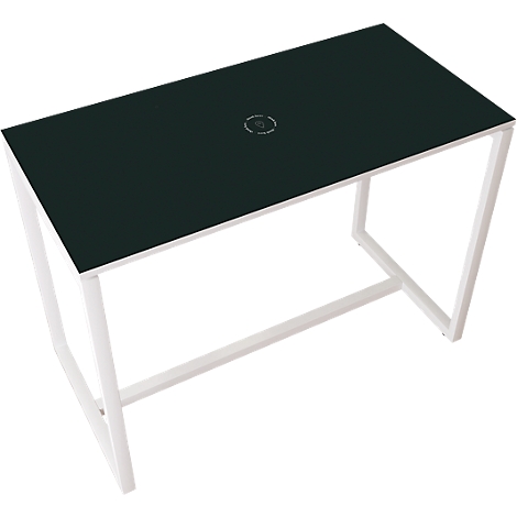 Black desk with white frame. There is a small circle symbol on the surface.