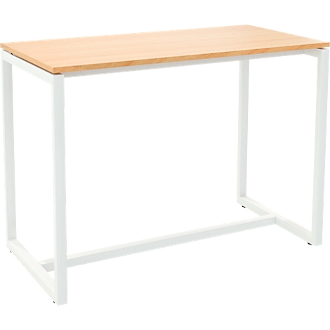 Desk with white frame and wooden top.