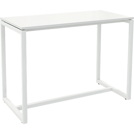 White table with a rectangular tabletop and a white metal frame. The table is standing in front of a white background.
