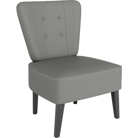 Fauteuil cocktail gris avec boutons dans le dos et pieds foncés.