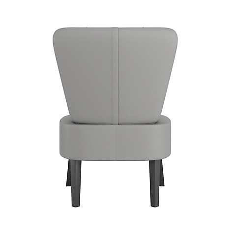 Fauteuil gris rembourré, vue arrière. Pieds en bois de couleur foncée, lignes épurées.
