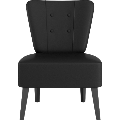 Fauteuil cocktail noir avec boutons dans le dos et pieds gris.