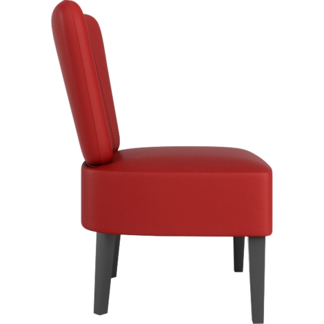 Une chaise rouge, vue de côté. Le dossier a une forme incurvée, les pieds sont gris foncé.