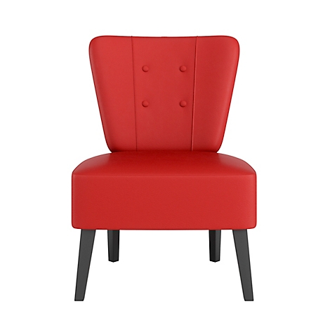 Fauteuil en similicuir rouge avec cadre en bois noir, sur fond blanc.