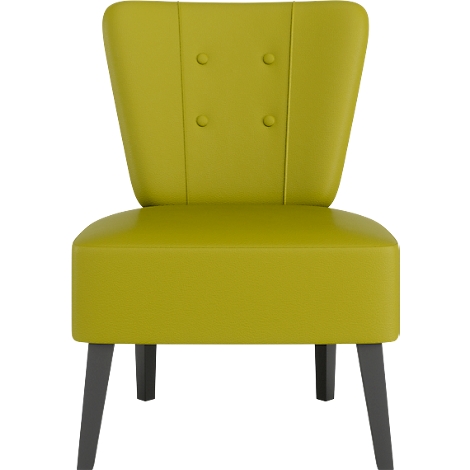 Fauteuil vert clair avec pieds gris. Le dossier a des boutons.