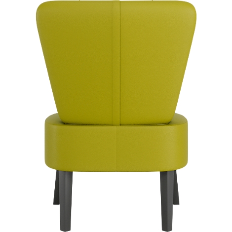 Une chaise verte, vue arrière. Le dossier est trapézoïdal, l'assise cylindrique, les pieds gris.