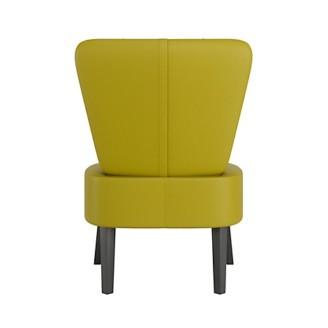 Chaise rembourrée jaune, vue arrière, sur fond blanc. Jambes foncées, dossier haut.