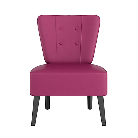 Petite chaise bordeaux avec quatre pieds foncés et des boutons décorant le dossier.