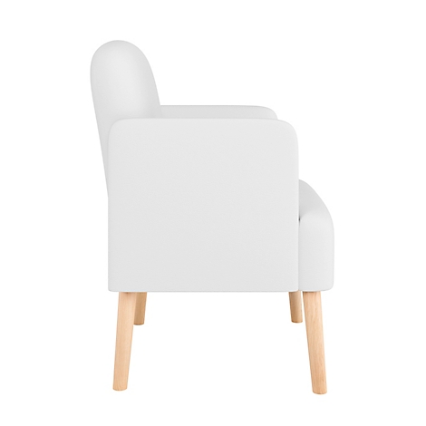 Fauteuil blanc de profil, pieds en bois clair.