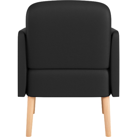 Fauteuil noir, vue arrière. Pieds en bois clair.