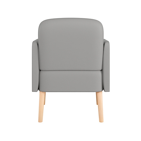 Fauteuil gris de dos, avec des pieds en bois clair, sur fond blanc.