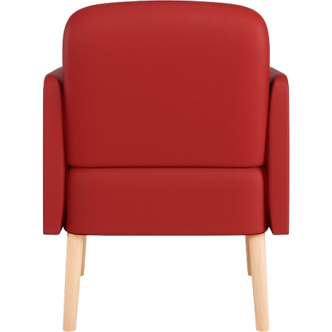 Un fauteuil rouge avec des pieds en bois clair, vue de face.