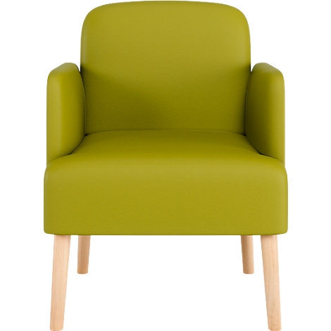 Fauteuil vert clair avec pieds en bois.