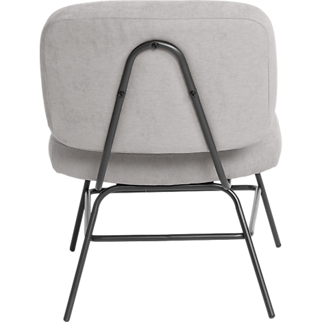 Vue arrière d'une chaise grise. Structure en métal noir, assise rembourrée, dossier. Aspect moderne.