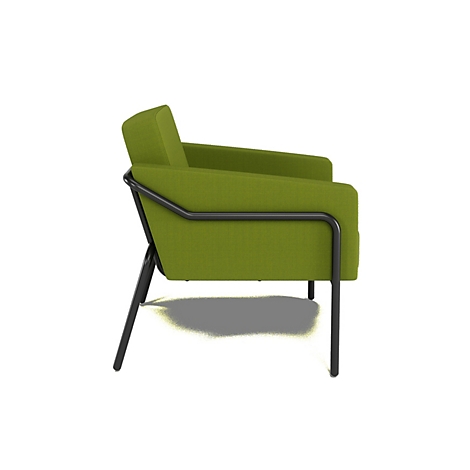 Un fauteuil vert avec une structure en métal noir, vue de côté sur fond blanc.