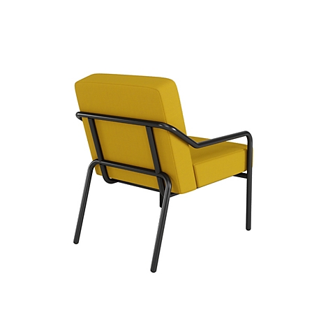 Fauteuil jaune avec cadre en métal noir, prise de vue arrière.