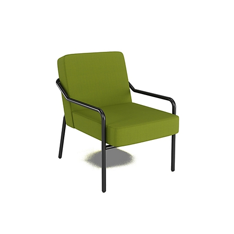 Fauteuil vert avec cadre et pieds noirs. Assise, dossier et accoudoirs rembourrés.