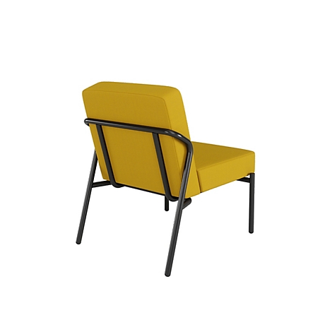 Fauteuil jaune avec cadre noir. Le dossier et l'assise sont rectangulaires.
