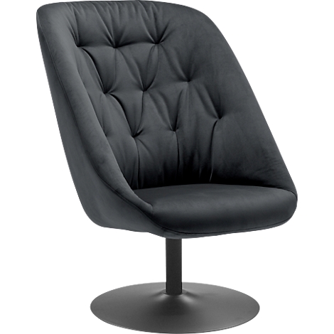 Un élégant fauteuil pivotant gris foncé avec assise et dossier rembourrés. Sur un socle noir.
