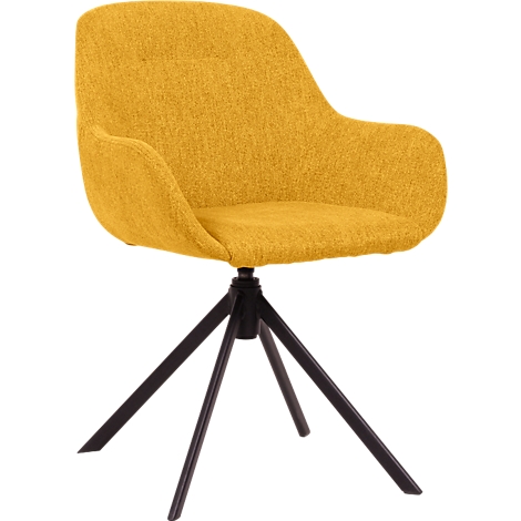 Chaise pivotante jaune avec pieds en métal noir, accoudoirs et revêtement en tissu.