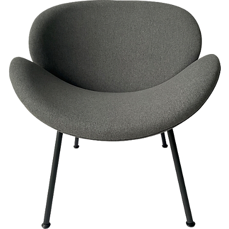 Chaise en tissu gris avec des lignes courbes et des pieds noirs.