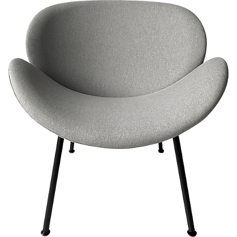 Chaise grise aux formes incurvées et pieds noirs, isolée sur fond blanc.