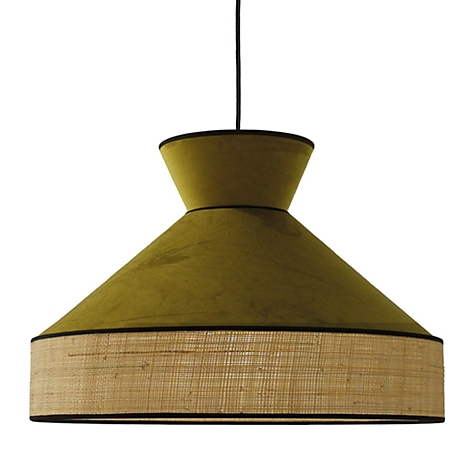 Lampe suspendue vert olive avec bordure noire et abat-jour clair tissé.