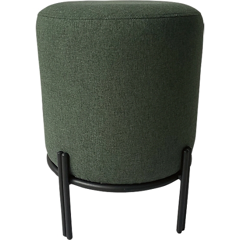Ein grüner Hocker mit schwarzem Metallgestell, zylindrische Form.