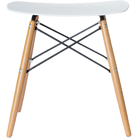 Weißer Hocker mit Holzbeinen und schwarzen Verstrebungen. Das Design ist modern und minimalistisch.