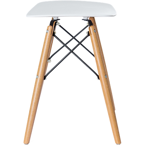 Weißer Hocker, Sitzfläche quadratisch abgerundet, Holzbeine, schwarze Metallstreben.