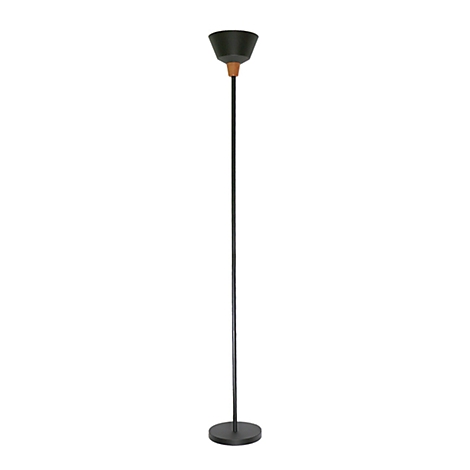 Black and grey floor lamp with a round base and a conical lampshade.