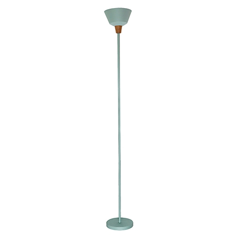Pastel colored floor lamp, blue lampshade and foot, wooden connection. Standing upright against a white background.