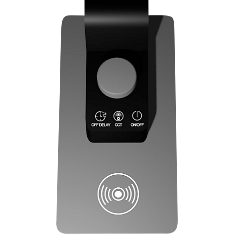 Appareil rectangulaire gris avec commandes : Un bouton rotatif en haut et trois icônes pour le délai, CCT et marche/arrêt. Un symbole de chargement sans fil en bas.