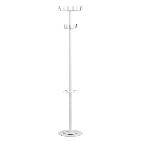 Witte, vrijstaande kapstok. Hij heeft een ronde basis, een lange, rechte paal en verschillende houders voor kleding.