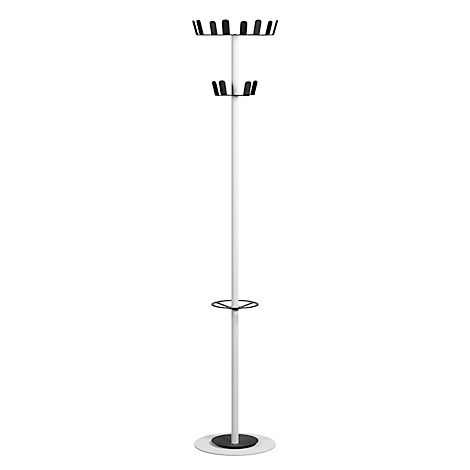 Witte, vrijstaande kapstok met ronde planken en een ring voor hoedenopslag.