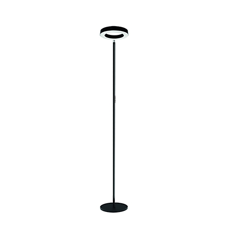 Lampadaire noir avec une tête de lampe ronde et une base sur fond blanc.