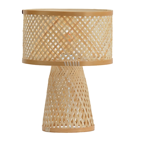 Lampe de table en bambou, abat-jour et pied en motif tissé.