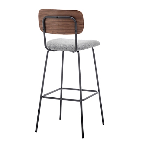 Hoge kruk met houten rugleuning en grijze zitting. Zwart metalen frame. Achteraanzicht.