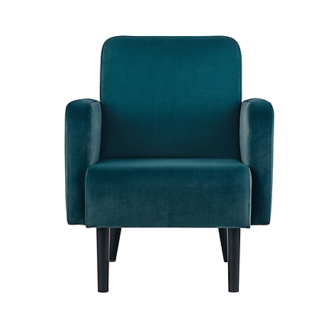 Teal fauteuil op een witte achtergrond. Zwarte houten poten, fluweelachtige stof.