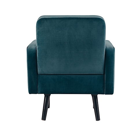 Teal fauteuil van achteren gezien. Donkere houten poten, fluwelen stof.