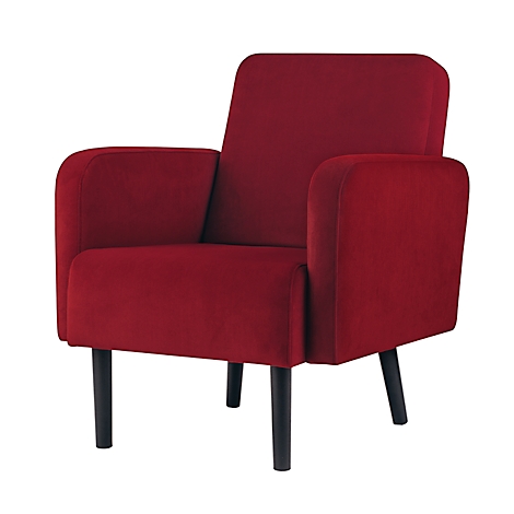 Een bordeauxrode fauteuil met zwarte houten poten. Hij heeft afgeronde armleuningen en een hoge rug.